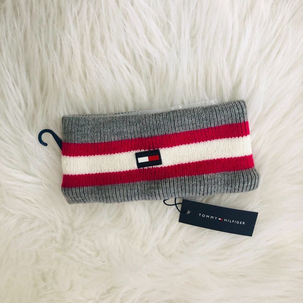 Tommy Hilfiger Striped Knit Headband Gray Red White Flag Logo‎ Ear Warmer NWT